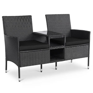 Outdoor Wicker Patio Loveseat with Built-in Glass Side Table-Black
