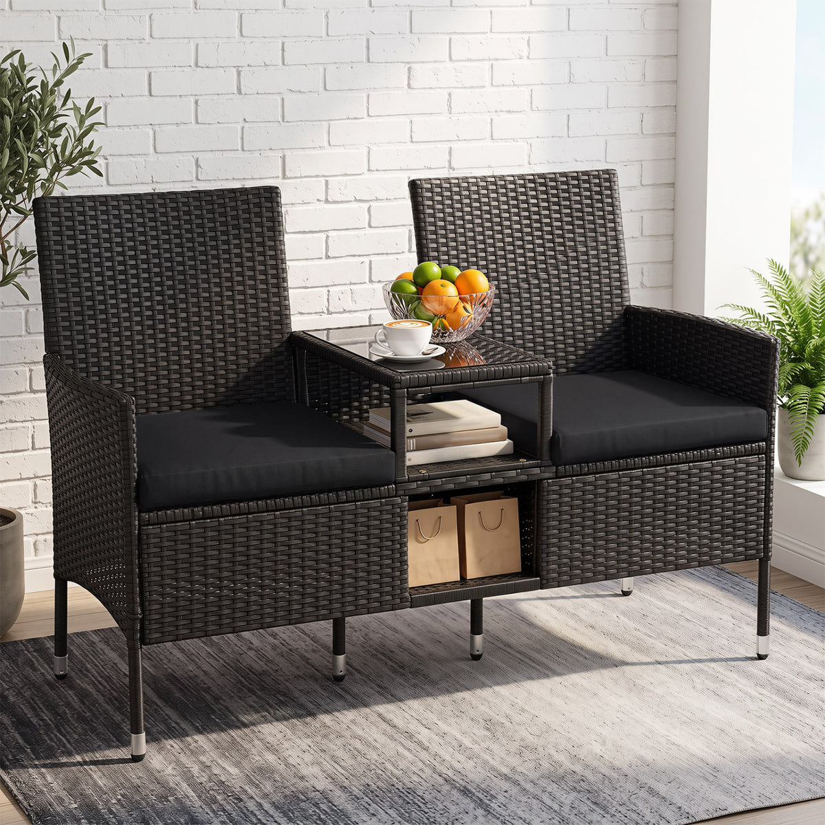 Outdoor Wicker Patio Loveseat with Built-in Glass Side Table-Black view 2