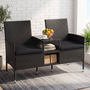 Outdoor Wicker Patio Loveseat with Built-in Glass Side Table-Black view 2