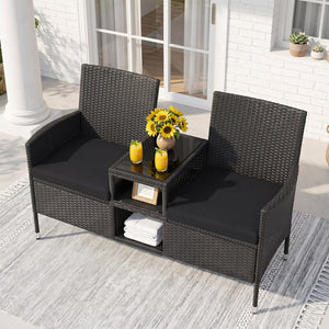 Outdoor Wicker Patio Loveseat with Built-in Glass Side Table-Black view 3