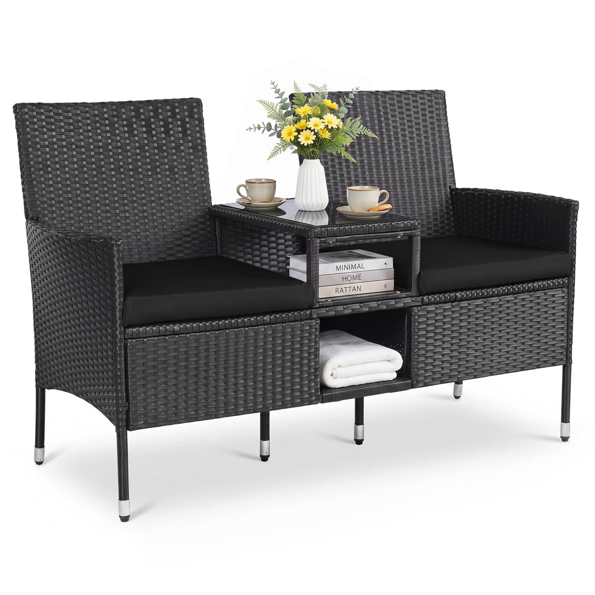 Outdoor Wicker Patio Loveseat with Built-in Glass Side Table-Black view 4