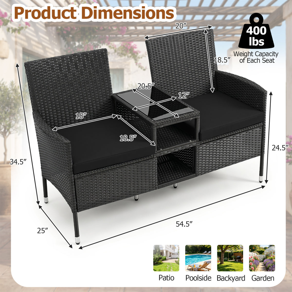 Outdoor Wicker Patio Loveseat with Built-in Glass Side Table-Black view 5