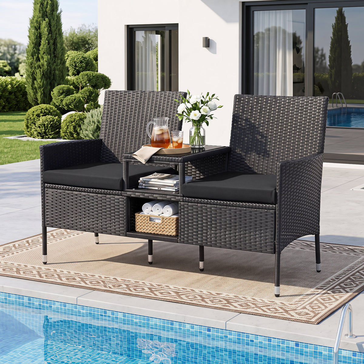 Outdoor Wicker Patio Loveseat with Built-in Glass Side Table-Black view 6