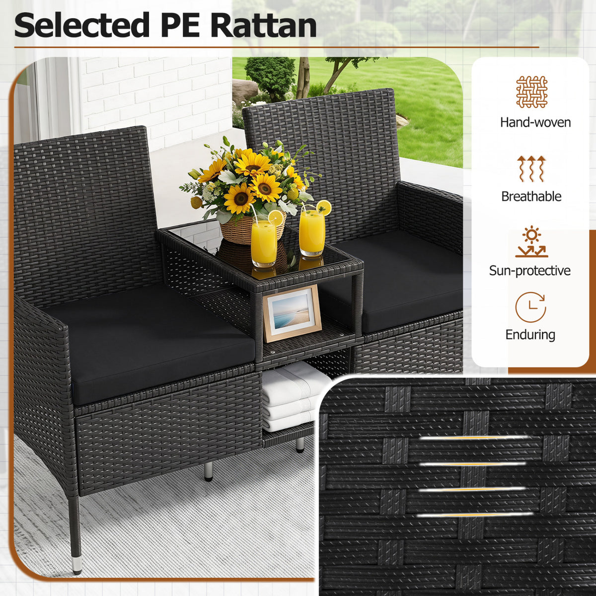 Outdoor Wicker Patio Loveseat with Built-in Glass Side Table-Black view 7