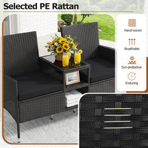 Outdoor Wicker Patio Loveseat with Built-in Glass Side Table-Black view 7