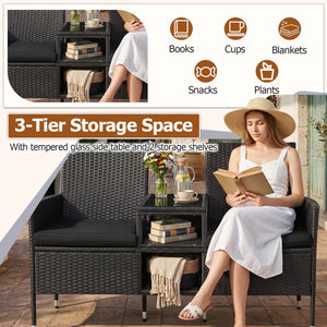 Outdoor Wicker Patio Loveseat with Built-in Glass Side Table-Black view 8