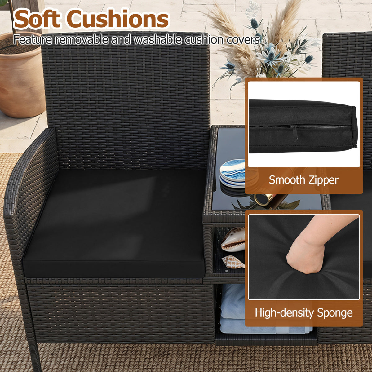 Outdoor Wicker Patio Loveseat with Built-in Glass Side Table-Black view 9