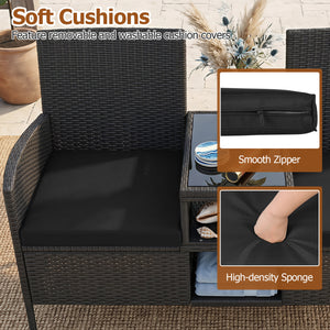 Outdoor Wicker Patio Loveseat with Built-in Glass Side Table-Black view 9
