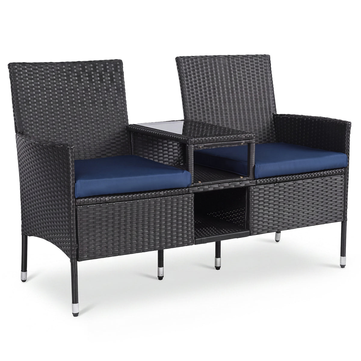Outdoor Wicker Patio Loveseat with Built-in Glass Side Table-Navy