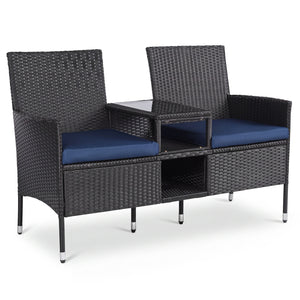 Outdoor Wicker Patio Loveseat with Built-in Glass Side Table-Navy