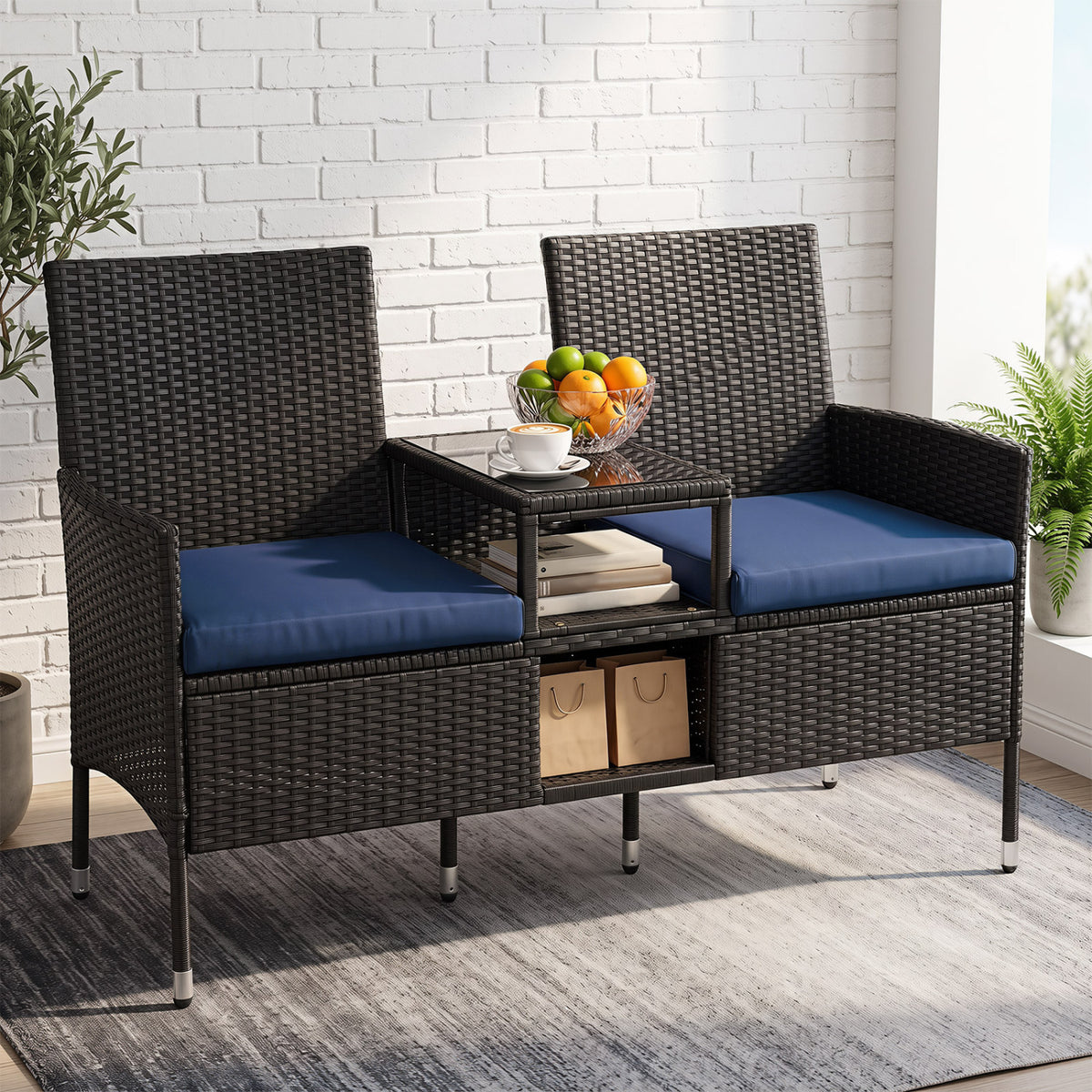 Outdoor Wicker Patio Loveseat with Built-in Glass Side Table-Navy view 2
