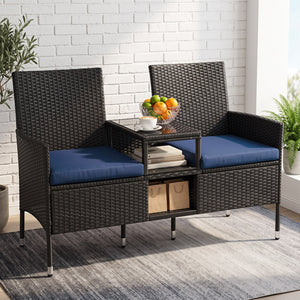 Outdoor Wicker Patio Loveseat with Built-in Glass Side Table-Navy view 2