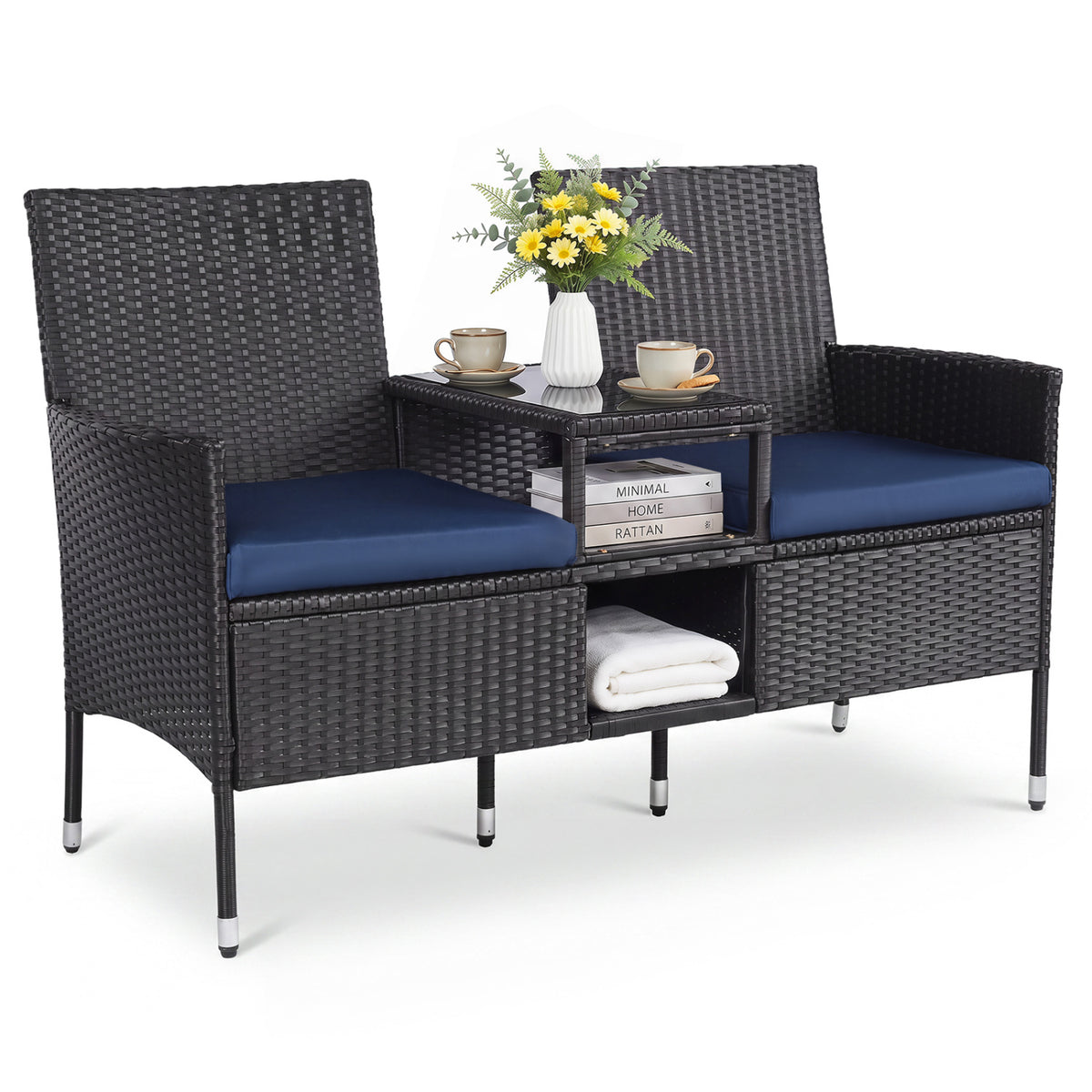 Outdoor Wicker Patio Loveseat with Built-in Glass Side Table-Navy view 4