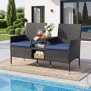 Outdoor Wicker Patio Loveseat with Built-in Glass Side Table-Navy view 6