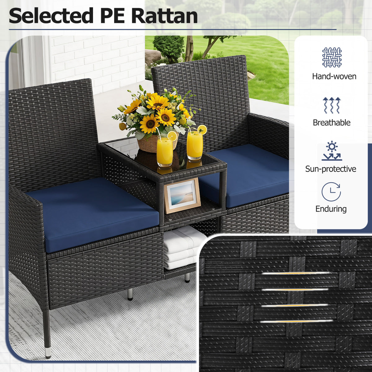 Outdoor Wicker Patio Loveseat with Built-in Glass Side Table-Navy view 7