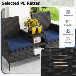 Outdoor Wicker Patio Loveseat with Built-in Glass Side Table-Navy view 7