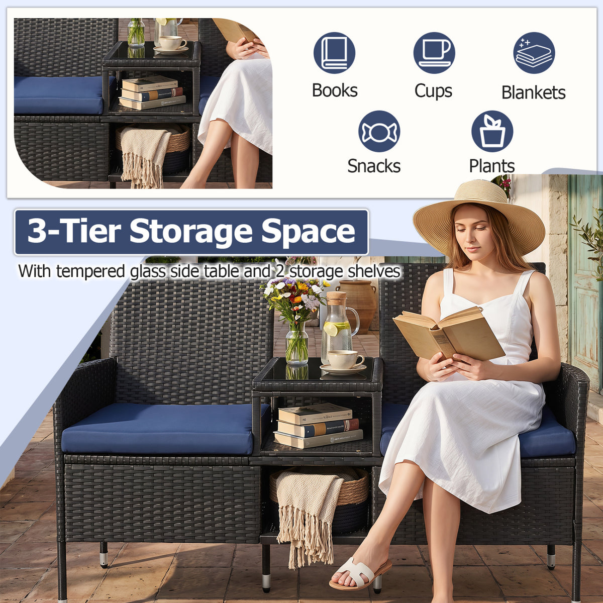 Outdoor Wicker Patio Loveseat with Built-in Glass Side Table-Navy view 8