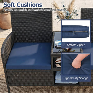 Outdoor Wicker Patio Loveseat with Built-in Glass Side Table-Navy view 9