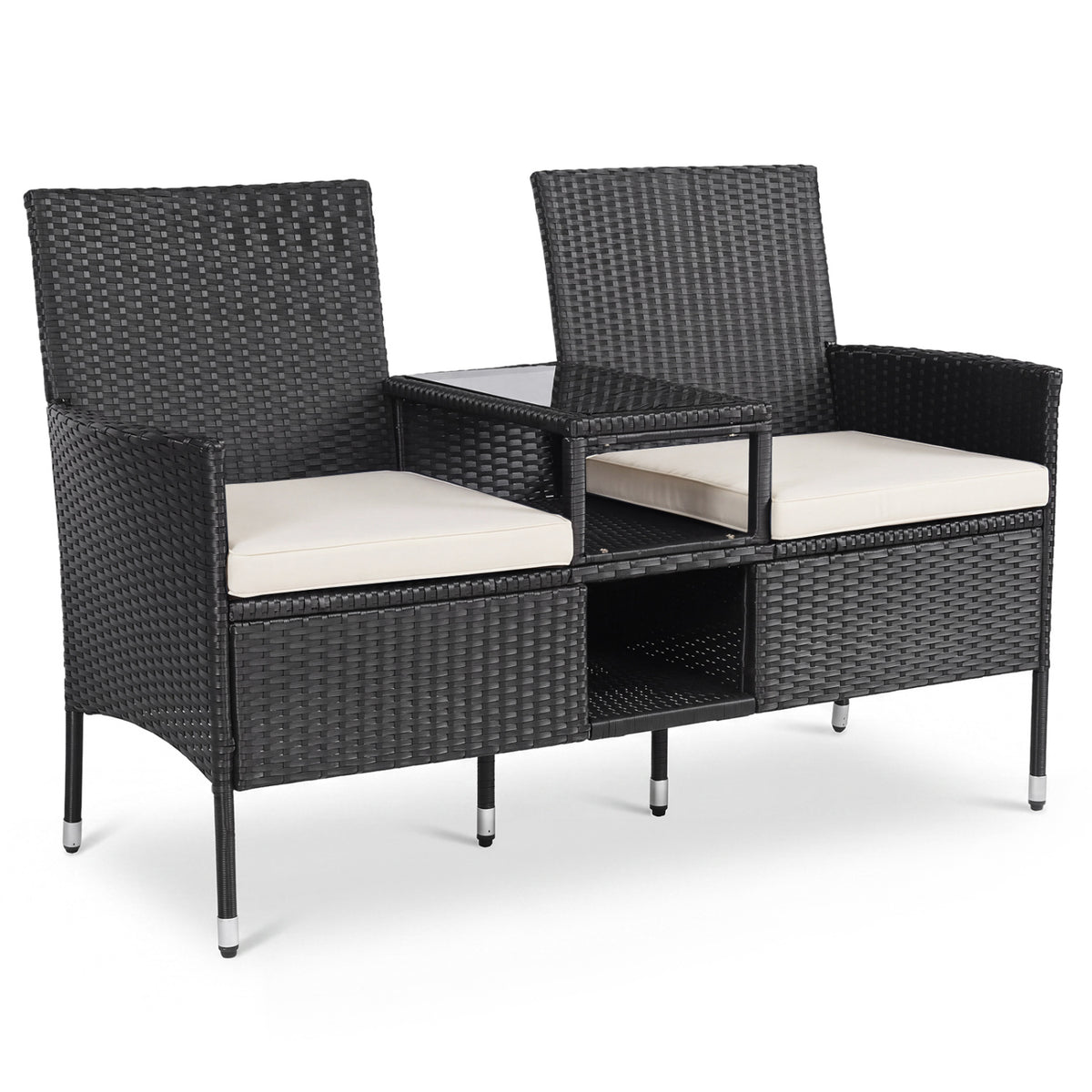Outdoor Wicker Patio Loveseat with Built-in Glass Side Table-White