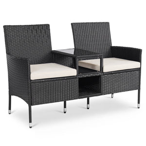 Outdoor Wicker Patio Loveseat with Built-in Glass Side Table-White