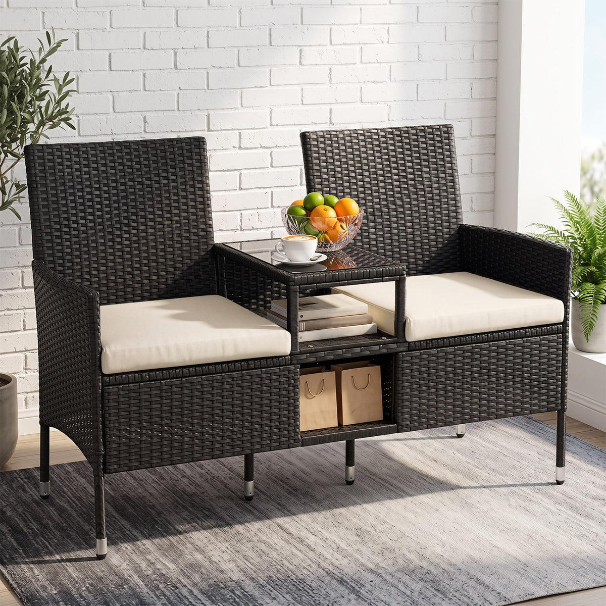 Outdoor Wicker Patio Loveseat with Built-in Glass Side Table-White view 2