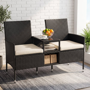 Outdoor Wicker Patio Loveseat with Built-in Glass Side Table-White view 2