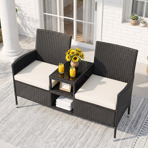 Outdoor Wicker Patio Loveseat with Built-in Glass Side Table-White view 3