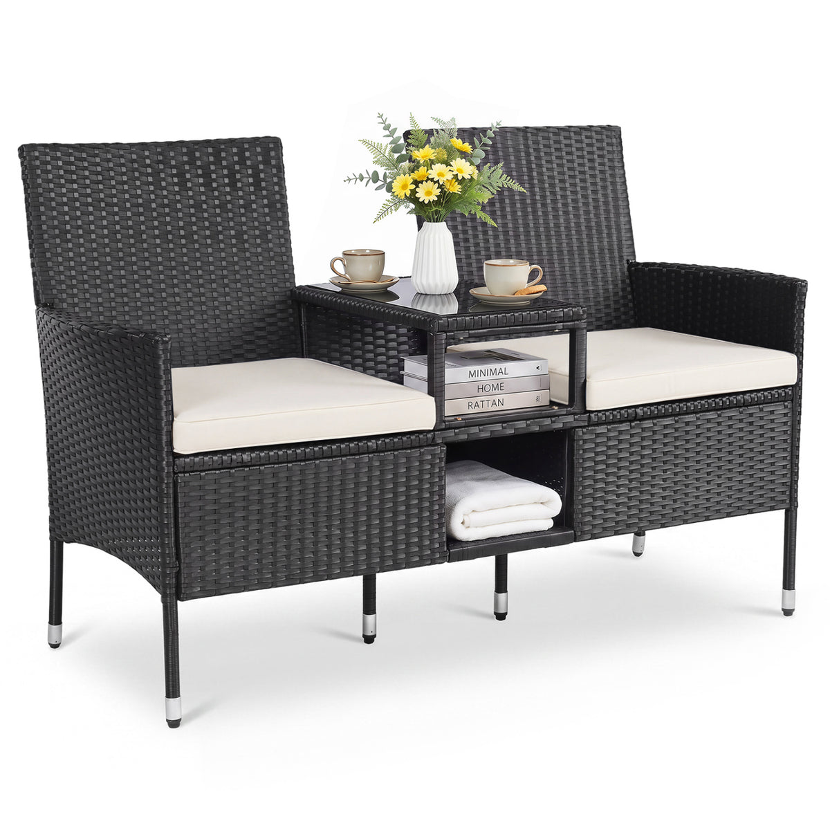Outdoor Wicker Patio Loveseat with Built-in Glass Side Table-White view 4