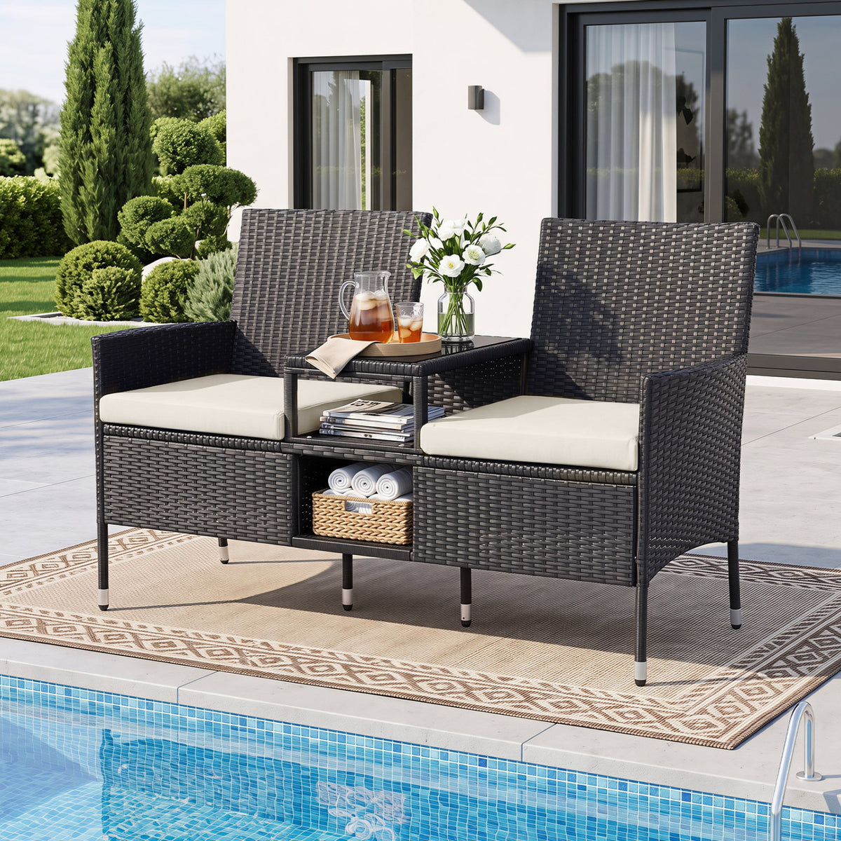 Outdoor Wicker Patio Loveseat with Built-in Glass Side Table-White view 6