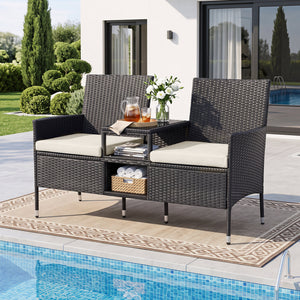 Outdoor Wicker Patio Loveseat with Built-in Glass Side Table-White view 6