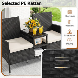 Outdoor Wicker Patio Loveseat with Built-in Glass Side Table-White view 7