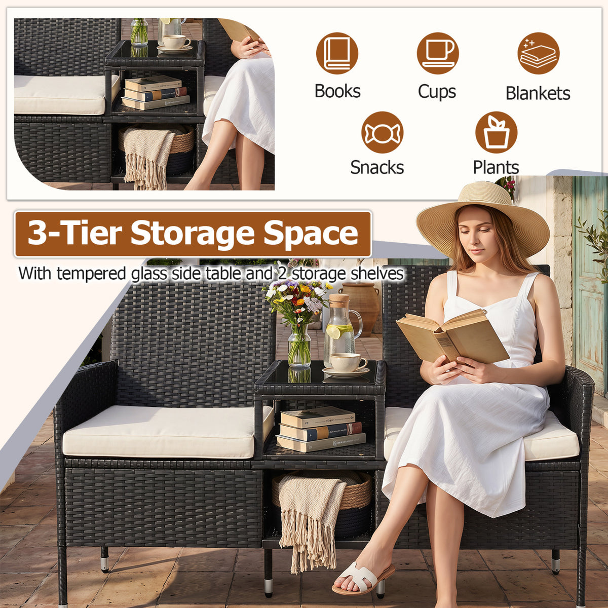 Outdoor Wicker Patio Loveseat with Built-in Glass Side Table-White view 8