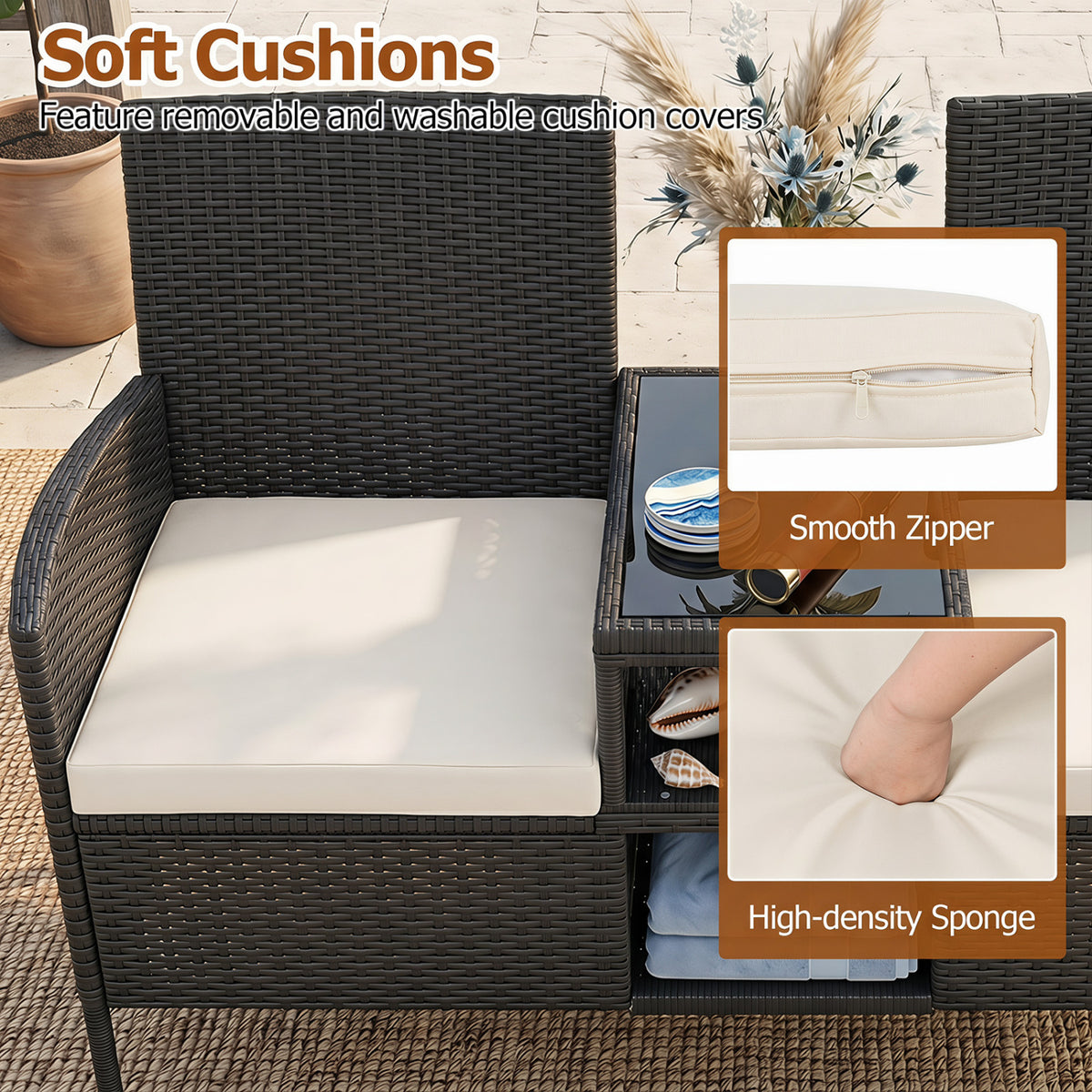 Outdoor Wicker Patio Loveseat with Built-in Glass Side Table-White view 9