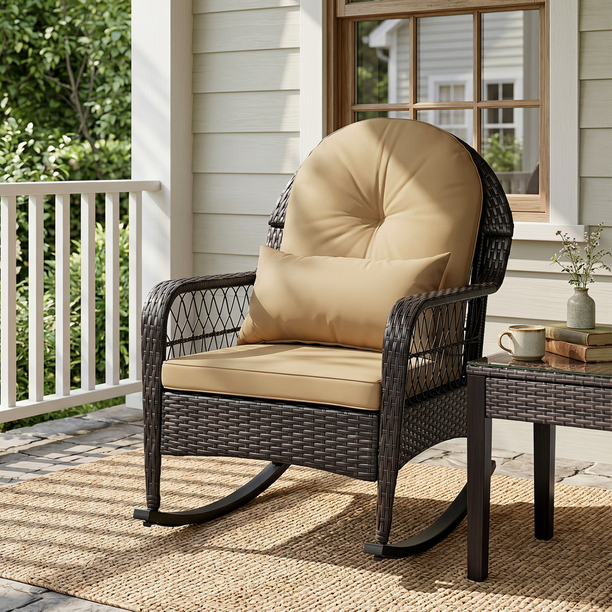 Outdoor Wicker Rocking Chair with Anti-Tip Stoppers 400 LBS for Porch Deck-Brown view 2