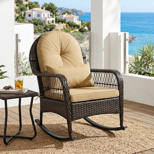 Outdoor Wicker Rocking Chair with Anti-Tip Stoppers 400 LBS for Porch Deck-Brown view 3