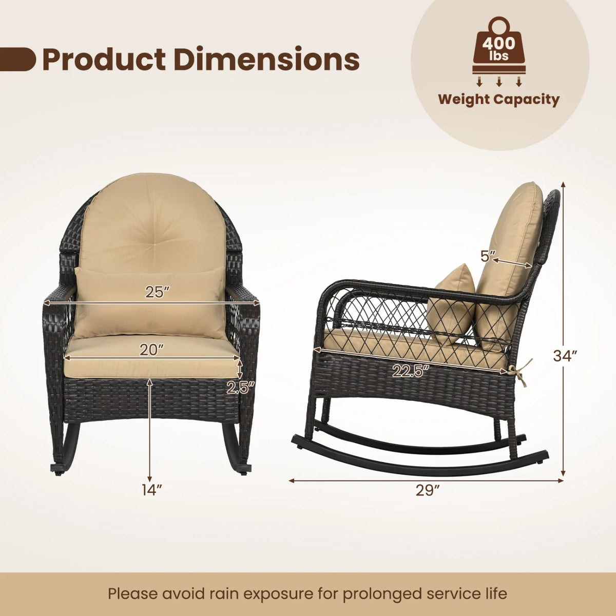 Outdoor Wicker Rocking Chair with Anti-Tip Stoppers 400 LBS for Porch Deck-Brown view 5