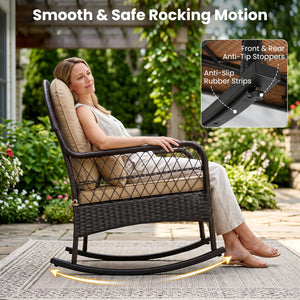 Outdoor Wicker Rocking Chair with Anti-Tip Stoppers 400 LBS for Porch Deck-Brown view 6