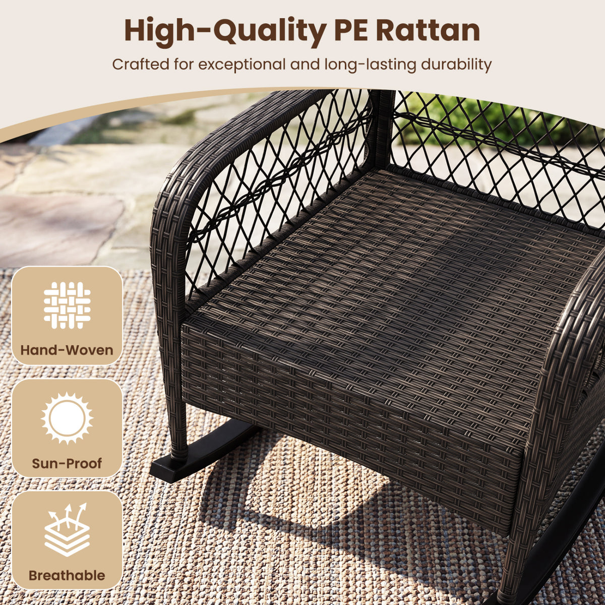 Outdoor Wicker Rocking Chair with Anti-Tip Stoppers 400 LBS for Porch Deck-Brown view 8