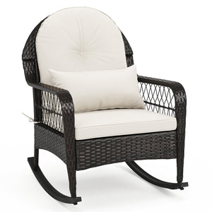 Outdoor Wicker Rocking Chair with Anti-Tip Stoppers 400 LBS for Porch Deck-White