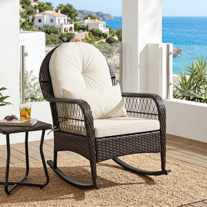 Outdoor Wicker Rocking Chair with Anti-Tip Stoppers 400 LBS for Porch Deck-White view 2