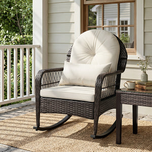 Outdoor Wicker Rocking Chair with Anti-Tip Stoppers 400 LBS for Porch Deck-White view 3