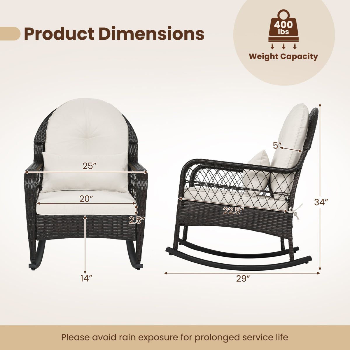 Outdoor Wicker Rocking Chair with Anti-Tip Stoppers 400 LBS for Porch Deck-White view 4