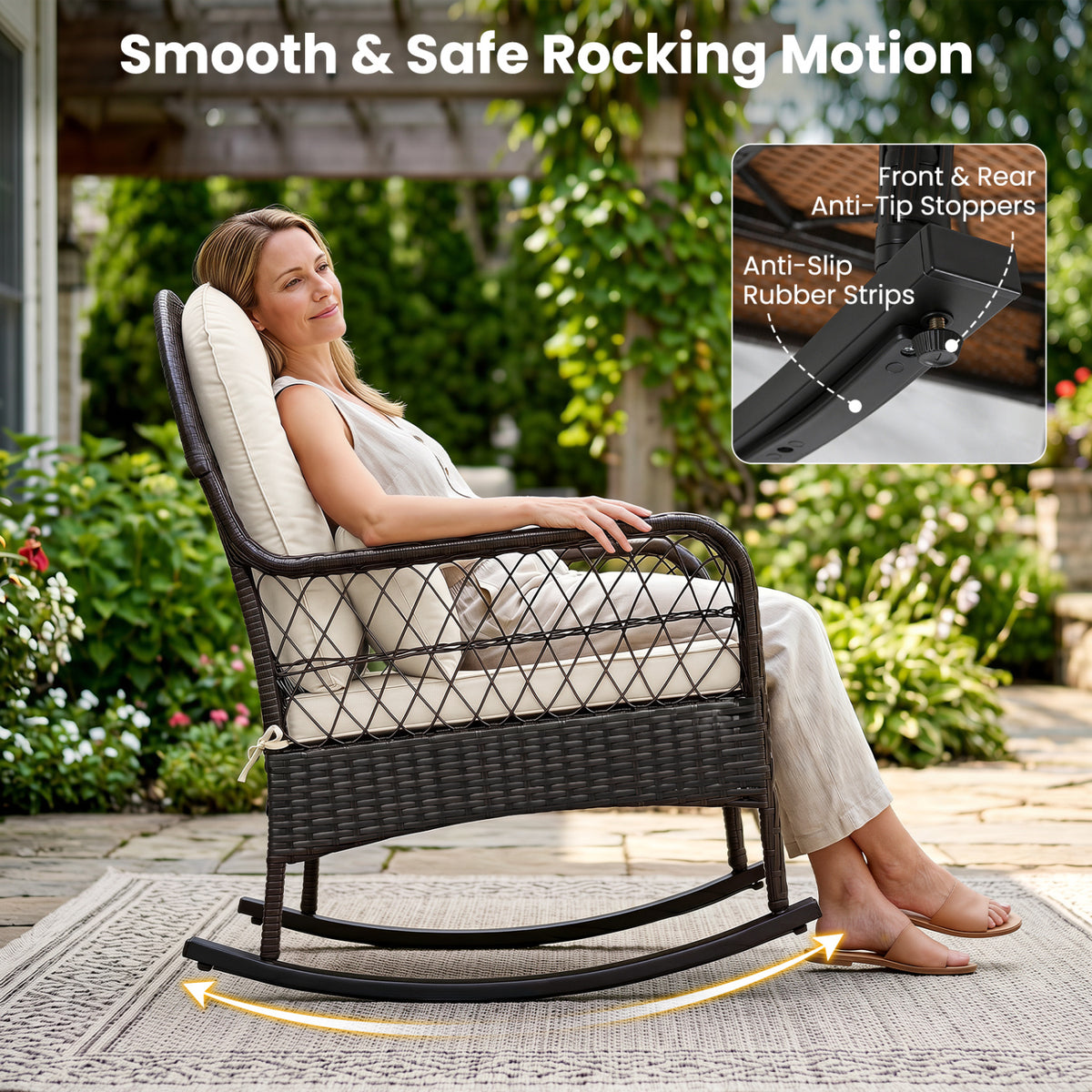 Outdoor Wicker Rocking Chair with Anti-Tip Stoppers 400 LBS for Porch Deck-White view 5