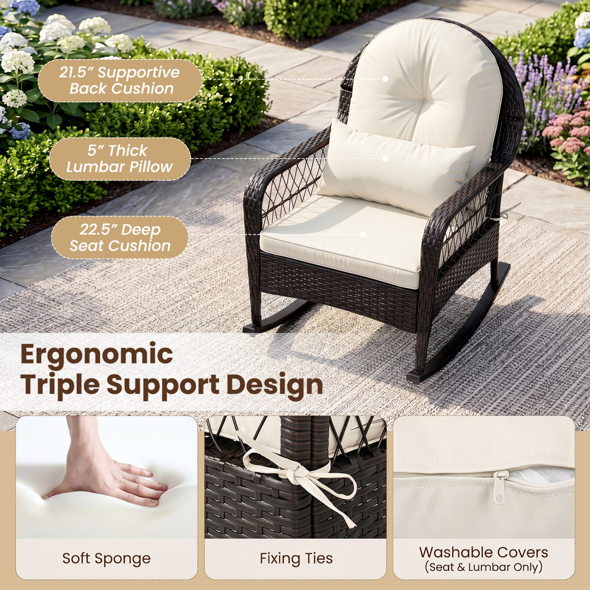 Outdoor Wicker Rocking Chair with Anti-Tip Stoppers 400 LBS for Porch Deck-White view 6