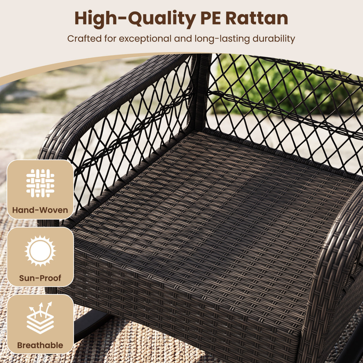 Outdoor Wicker Rocking Chair with Anti-Tip Stoppers 400 LBS for Porch Deck-White view 7