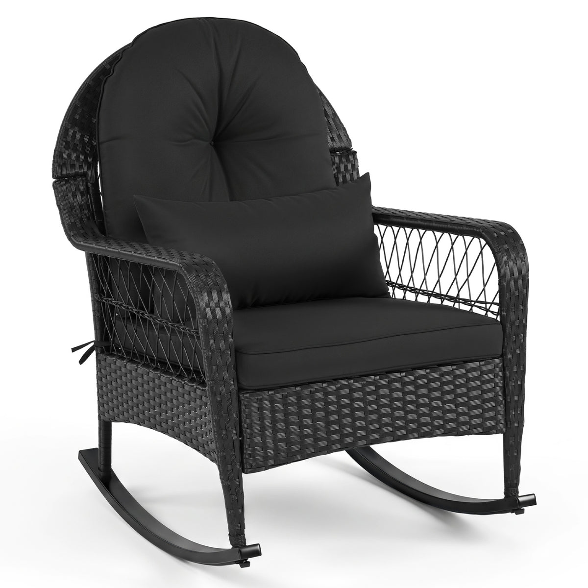 Outdoor Wicker Rocking Chair with Anti-Tip Stoppers and Thick Cushions for Porch-Black