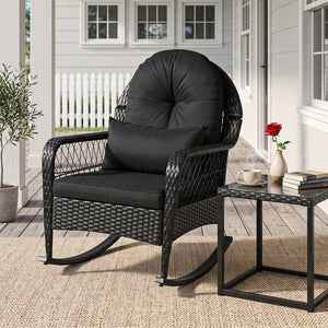 Outdoor Wicker Rocking Chair with Anti-Tip Stoppers and Thick Cushions for Porch-Black view 2