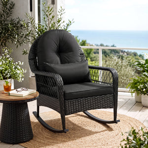 Outdoor Wicker Rocking Chair with Anti-Tip Stoppers and Thick Cushions for Porch-Black view 3