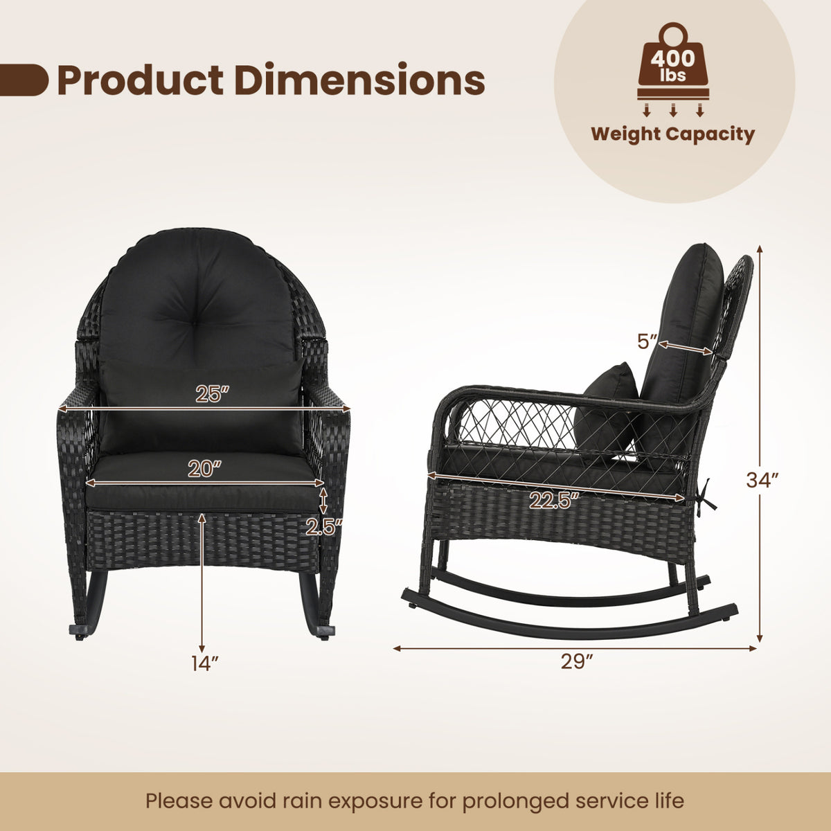 Outdoor Wicker Rocking Chair with Anti-Tip Stoppers and Thick Cushions for Porch-Black view 4