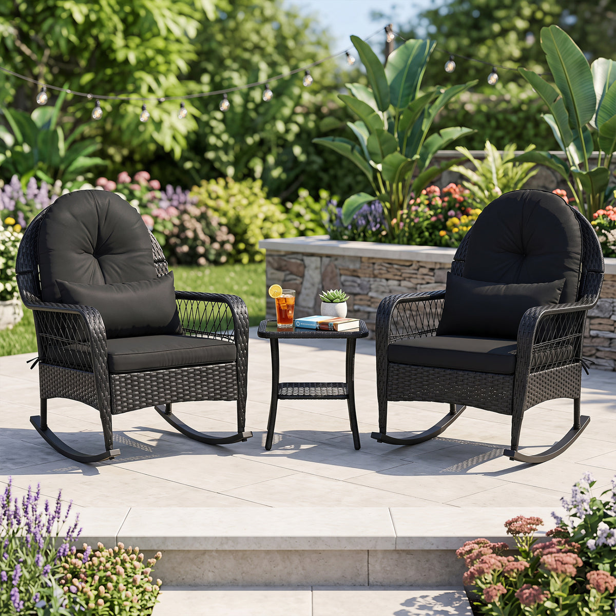 Outdoor Wicker Rocking Chair with Anti-Tip Stoppers and Thick Cushions for Porch-Black view 5